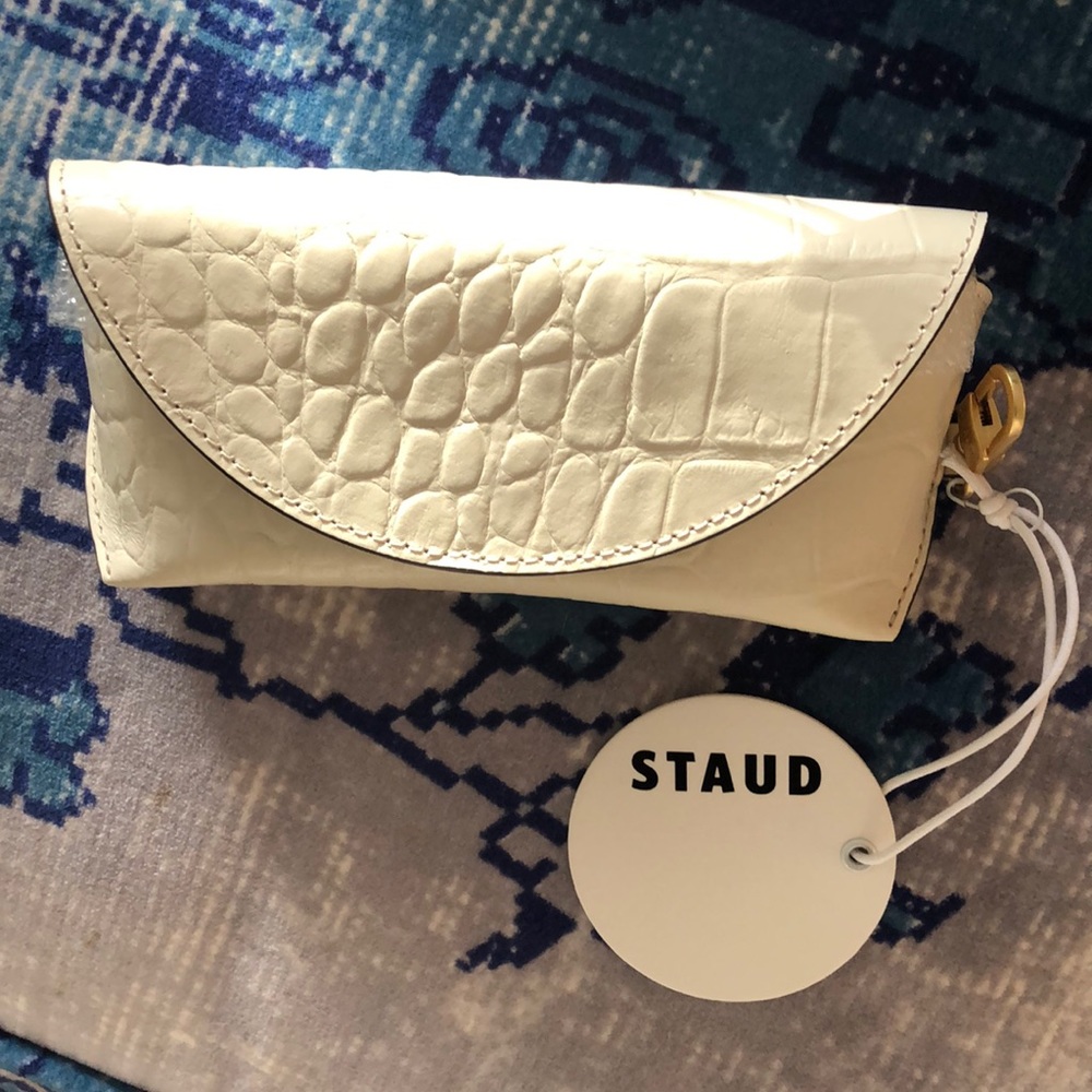 Staud Creme White Eye Glass Case Embossed New